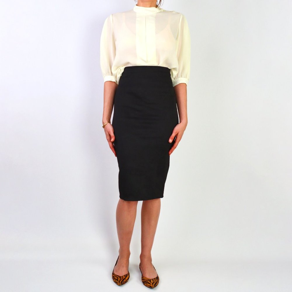 Neoprene High Waisted Pencil Skirt Small Black Bodycon Midi Embossed Scuba Pinup